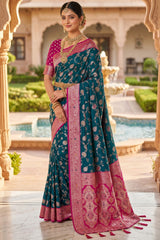 Luminous Rama Pure Zari Weaving Banarasi Silk Saree With Serendipity Blouse Piece