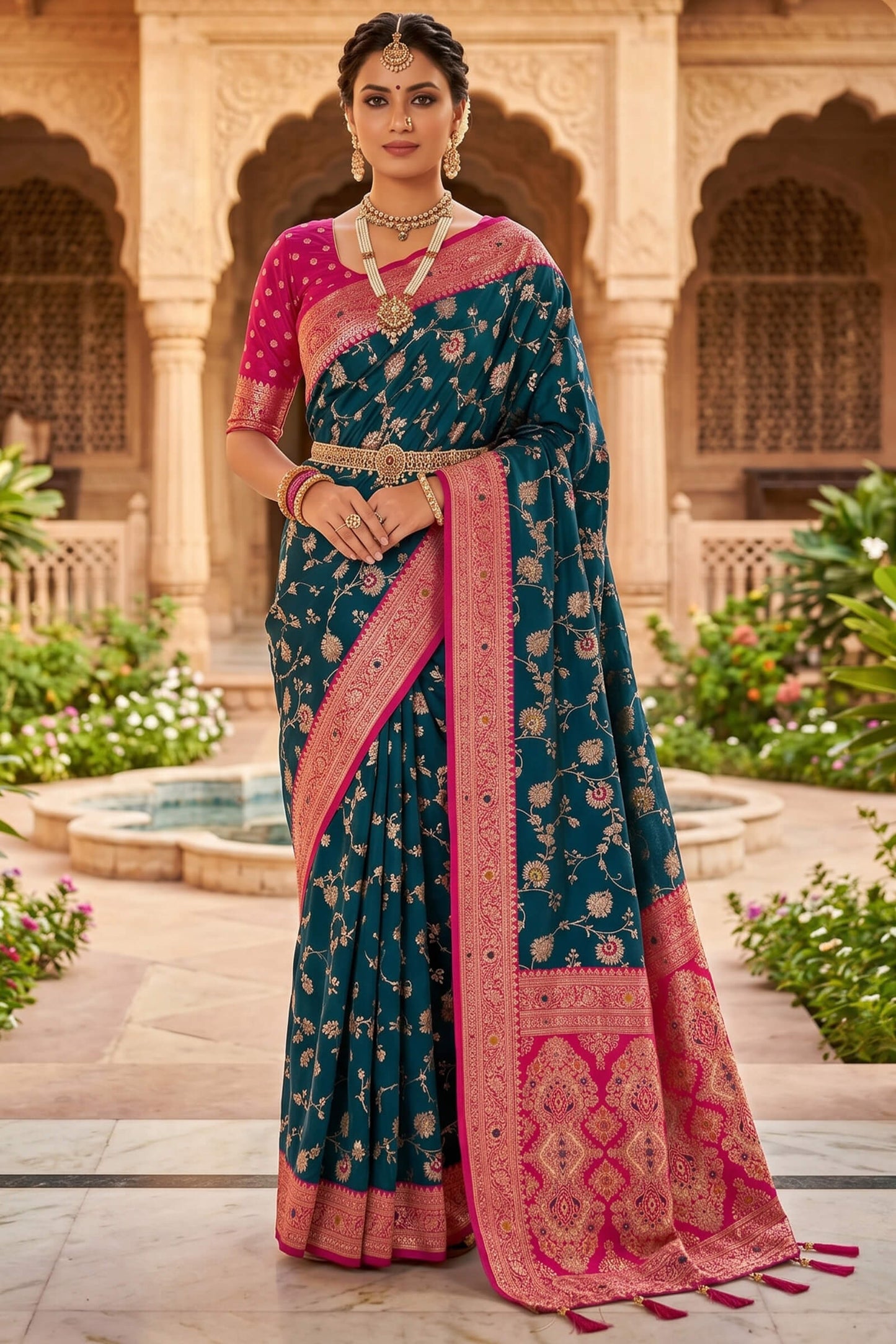 Luminous Rama Pure Zari Weaving Banarasi Silk Saree With Serendipity Blouse Piece