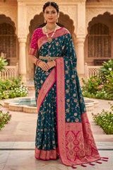 Luminous Rama Pure Zari Weaving Banarasi Silk Saree With Serendipity Blouse Piece