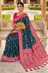 Luminous Rama Pure Zari Weaving Banarasi Silk Saree With Serendipity Blouse Piece