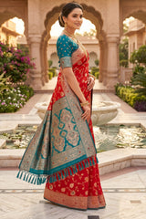 Posh Red Pure Zari Weaving Banarasi Silk Saree With Smashing Blouse Piece