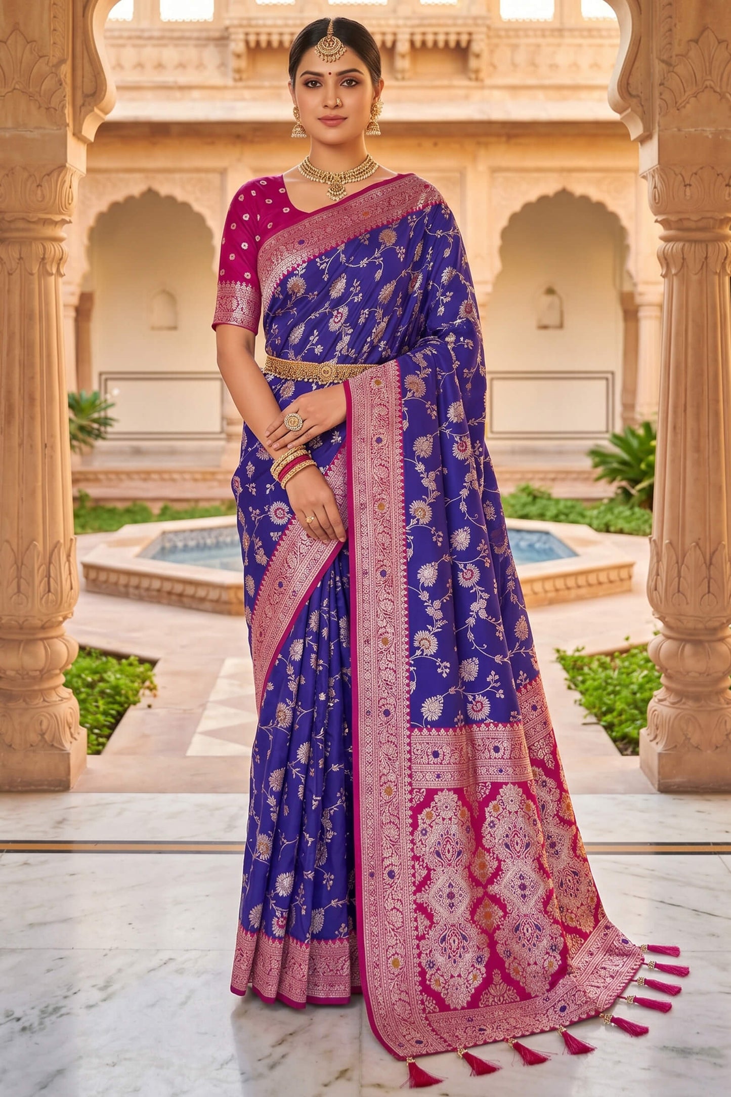 Zephyr Royal Blue Pure Zari Weaving Banarasi Silk Saree With Impressive Blouse Piece