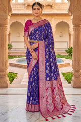 Zephyr Royal Blue Pure Zari Weaving Banarasi Silk Saree With Impressive Blouse Piece