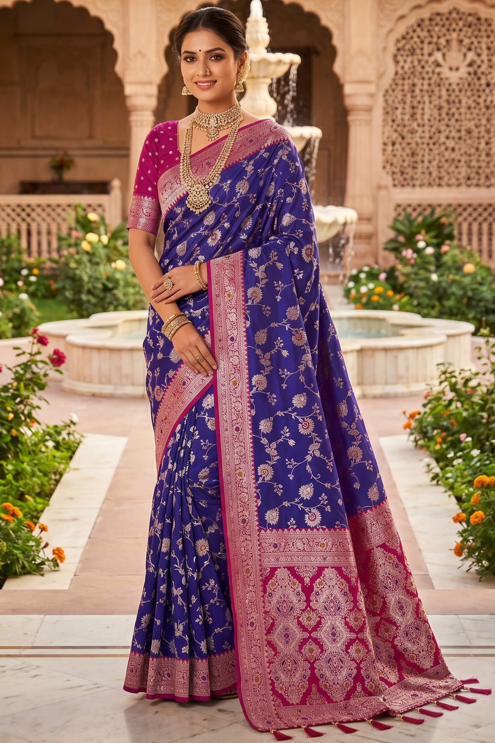 Zephyr Royal Blue Pure Zari Weaving Banarasi Silk Saree With Impressive Blouse Piece
