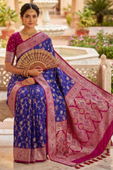 Zephyr Royal Blue Pure Zari Weaving Banarasi Silk Saree With Impressive Blouse Piece