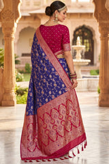 Zephyr Royal Blue Pure Zari Weaving Banarasi Silk Saree With Impressive Blouse Piece