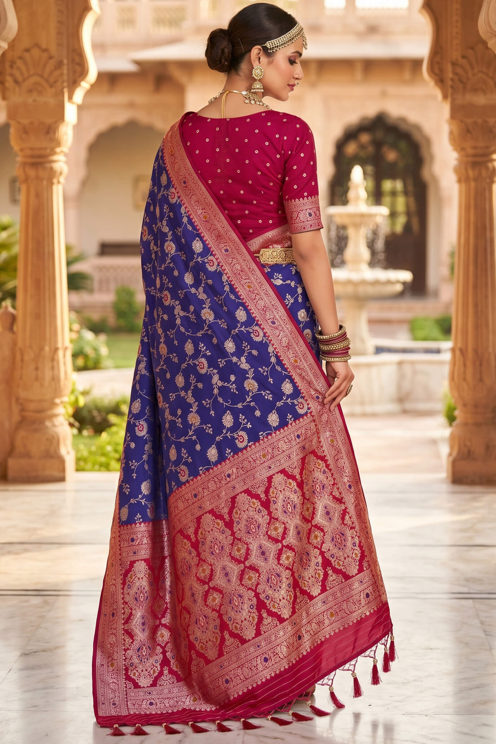 Zephyr Royal Blue Pure Zari Weaving Banarasi Silk Saree With Impressive Blouse Piece