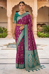 Scintilla Wine Pure Zari Weaving Banarasi Silk Saree With Gossamer Blouse Piece