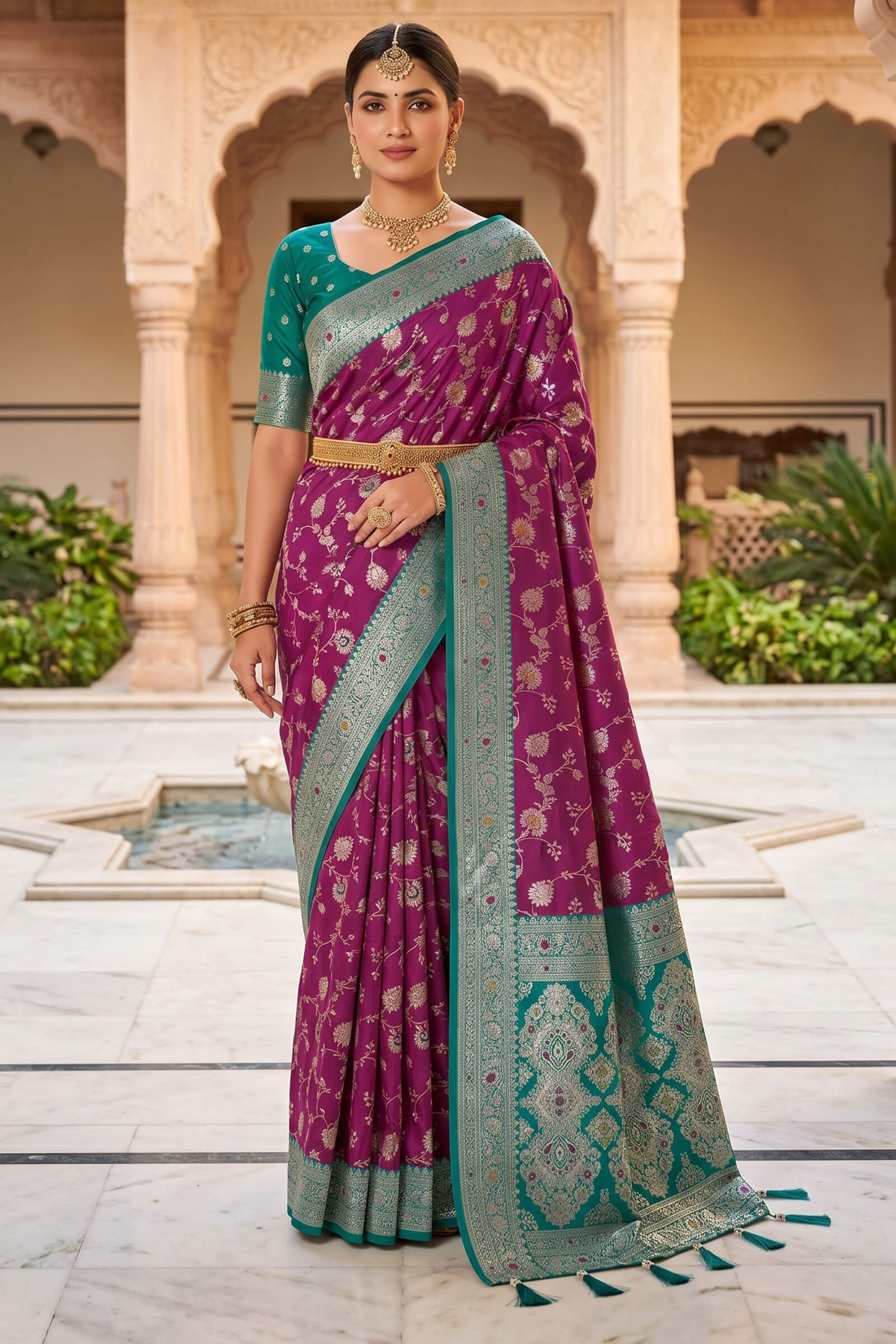 Scintilla Wine Pure Zari Weaving Banarasi Silk Saree With Gossamer Blouse Piece