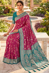 Scintilla Wine Pure Zari Weaving Banarasi Silk Saree With Gossamer Blouse Piece