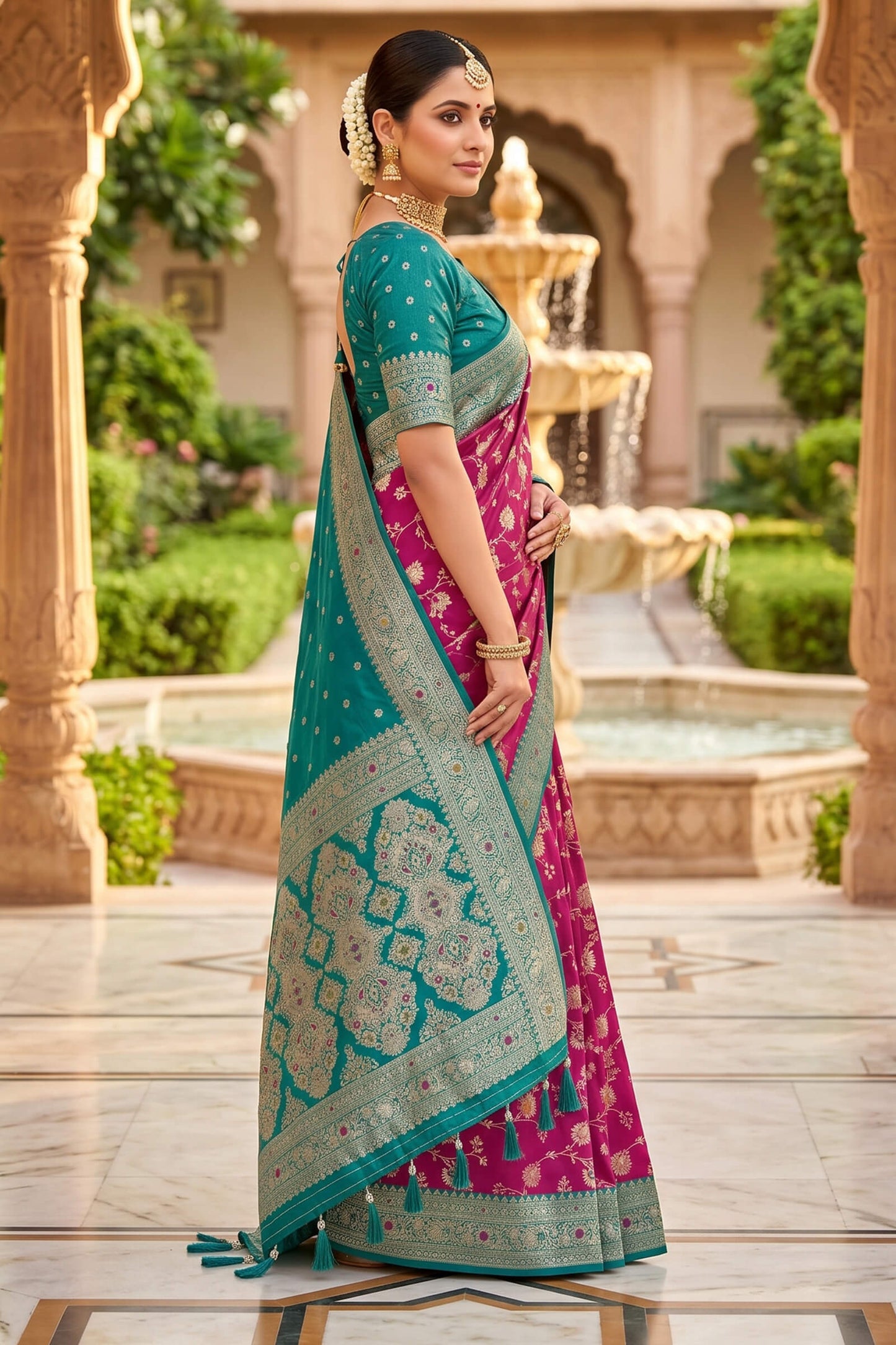 Scintilla Wine Pure Zari Weaving Banarasi Silk Saree With Gossamer Blouse Piece