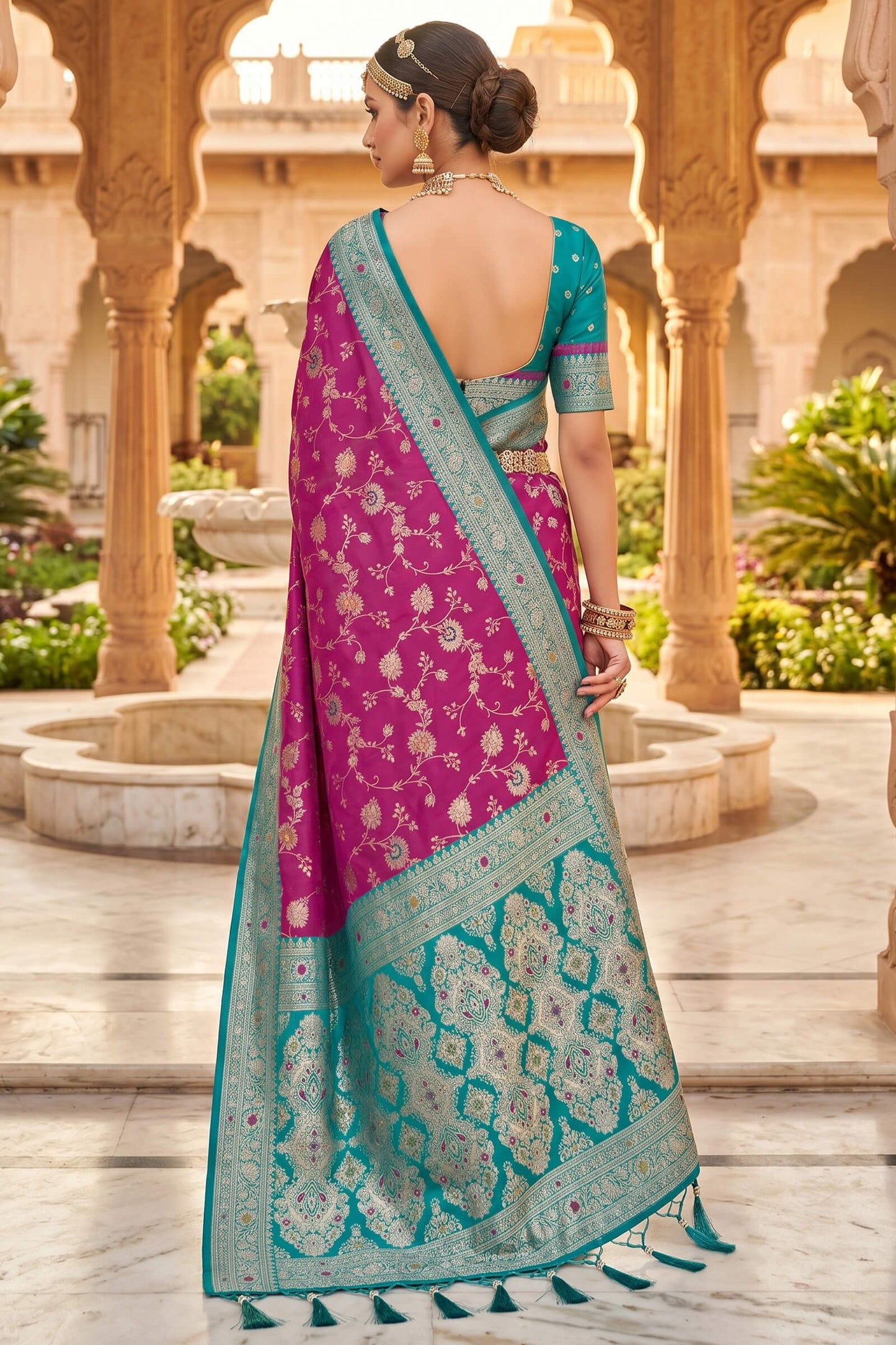 Scintilla Wine Pure Zari Weaving Banarasi Silk Saree With Gossamer Blouse Piece