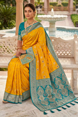 Bewitching Yellow Pure Zari Weaving Banarasi Silk Saree With Classy Blouse Piece