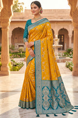 Bewitching Yellow Pure Zari Weaving Banarasi Silk Saree With Classy Blouse Piece