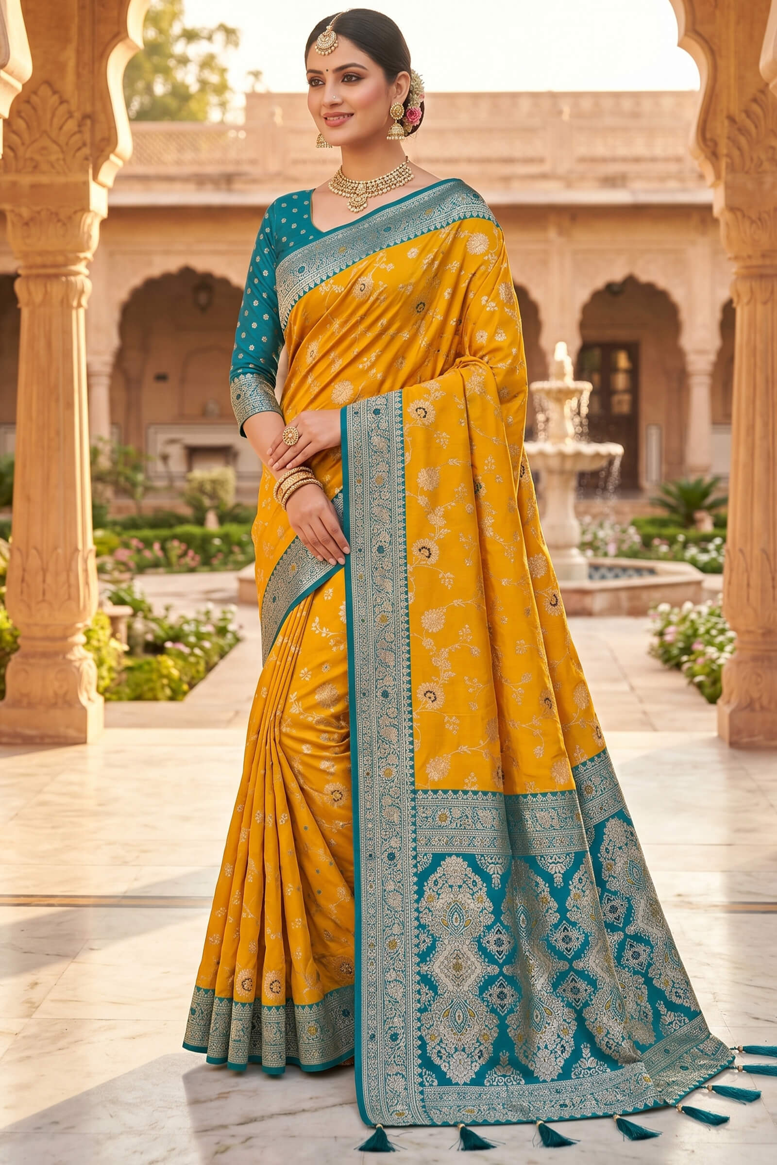 Bewitching Yellow Pure Zari Weaving Banarasi Silk Saree With Classy Blouse Piece