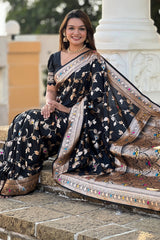Surreptitious Black Soft Banarasi Silk Saree With Nemesis Blouse Piece
