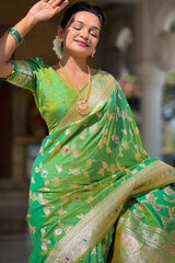 Angelic Mehndi Soft Banarasi Silk Saree With Chatoyant Blouse Piece