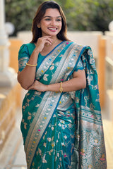Luxuriant Rama Soft Banarasi Silk Saree With Elaborate Blouse Piece