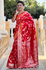 Ornate Red Soft Banarasi Silk Saree With Ephemeral Blouse Piece