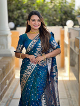 Delectable Teal Blue Soft Banarasi Silk Saree With Prettiest Blouse Piece