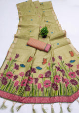 Lassitude Green Pure Munga Cotton Silk Saree With Stunning Blouse Piece