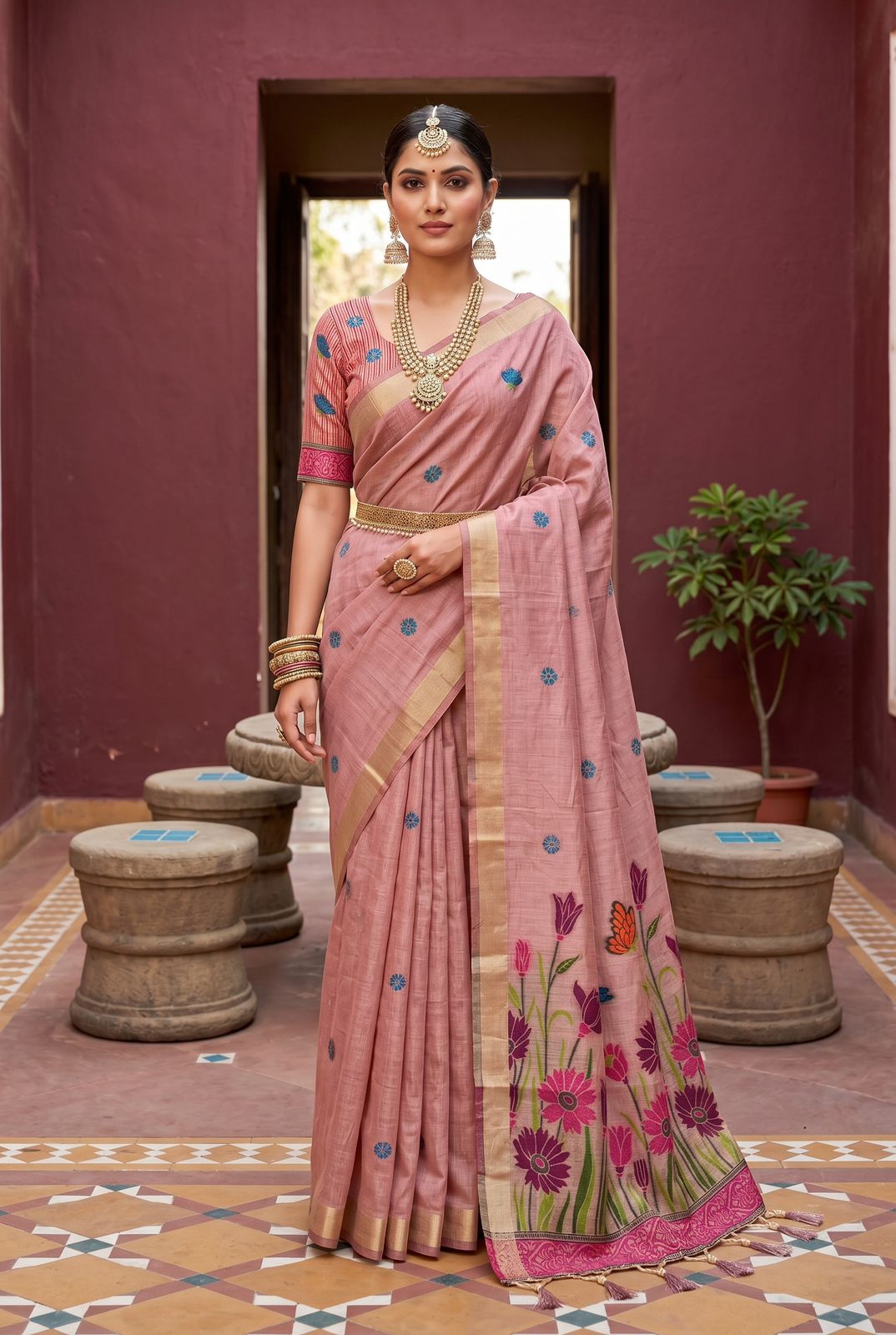 Innovative Pink Pure Munga Cotton Silk Saree With Extraordinary Blouse Piece