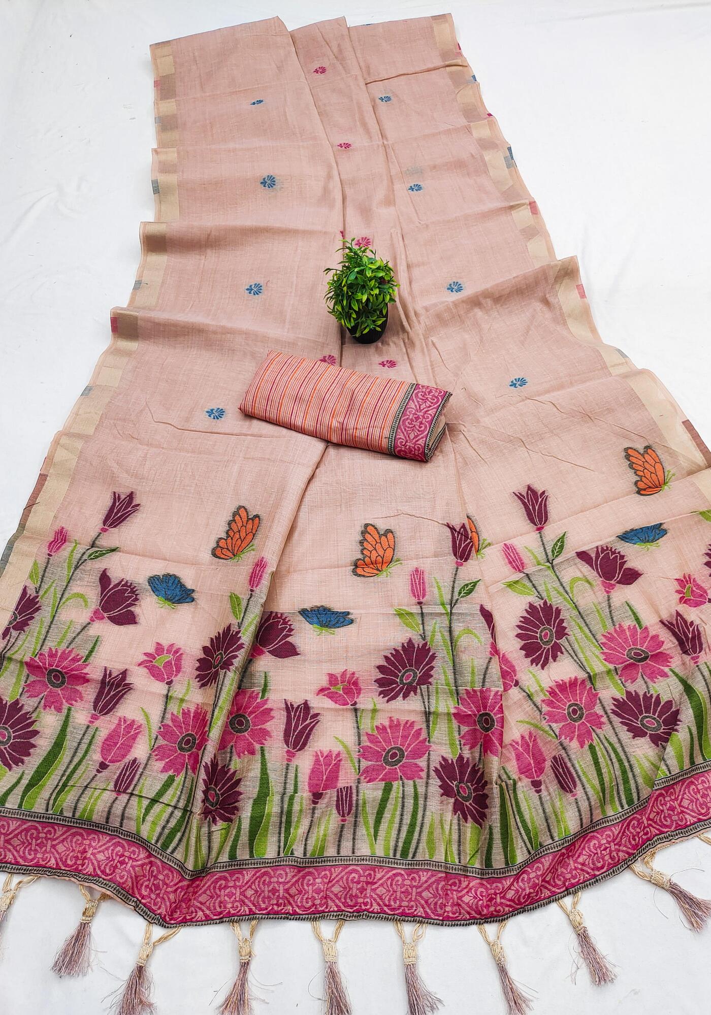 Innovative Pink Pure Munga Cotton Silk Saree With Extraordinary Blouse Piece