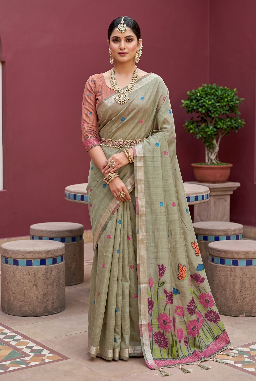 Invaluable Pista Pure Munga Cotton Silk Saree With Fugacious Blouse Piece
