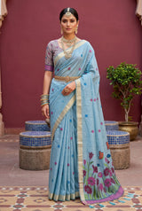 Ornate Sky Pure Munga Cotton Silk Saree With Supernal Blouse Piece