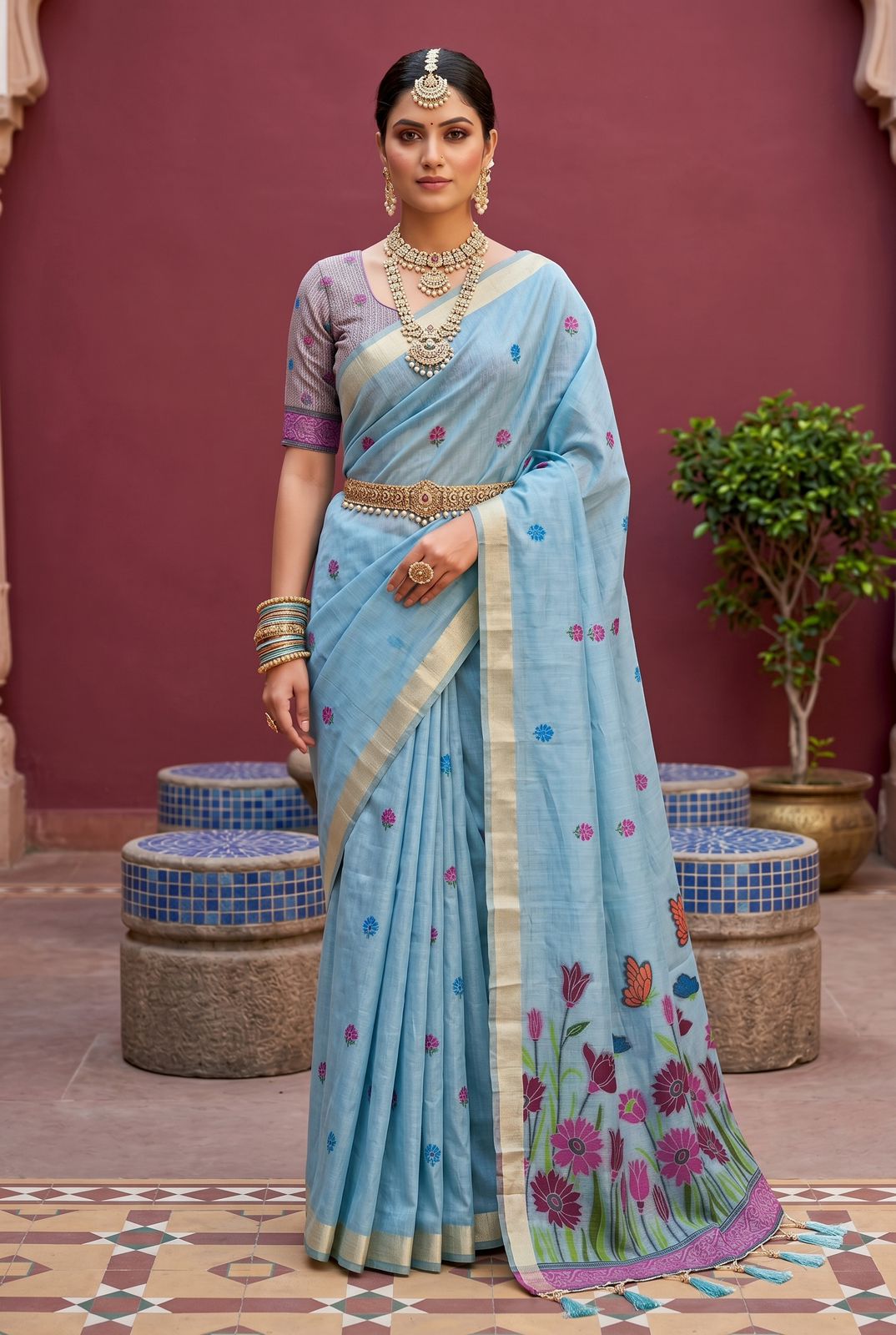 Ornate Sky Pure Munga Cotton Silk Saree With Supernal Blouse Piece