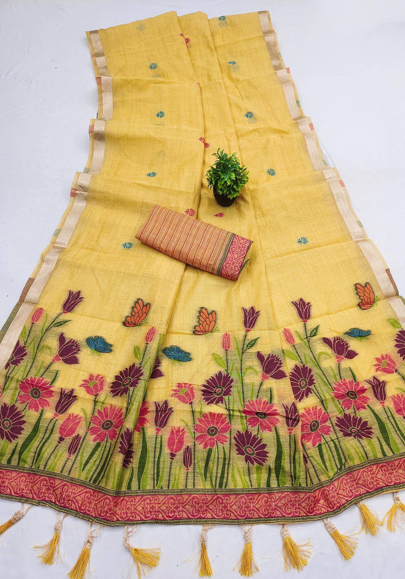 Radiant Yellow Pure Munga Cotton Silk Saree With Flameboyant Blouse Piece