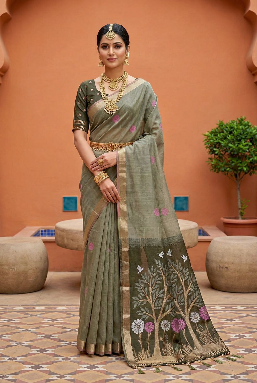 Effulgent Grey Pure Munga Cotton Silk Saree With Unequalled Blouse Piece