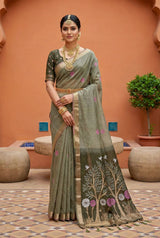Effulgent Grey Pure Munga Cotton Silk Saree With Unequalled Blouse Piece