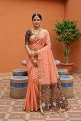 Exquisite Peach Pure Munga Cotton Silk Saree With Demanding Blouse Piece