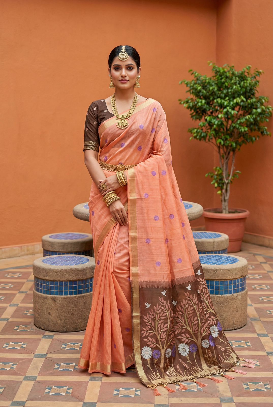 Exquisite Peach Pure Munga Cotton Silk Saree With Demanding Blouse Piece