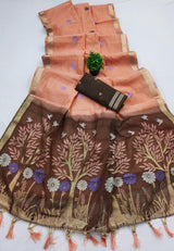 Exquisite Peach Pure Munga Cotton Silk Saree With Demanding Blouse Piece