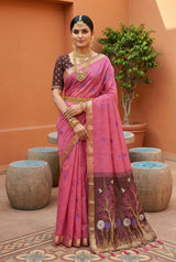 Evocative Pink Pure Munga Cotton Silk Saree With Staggering Blouse Piece