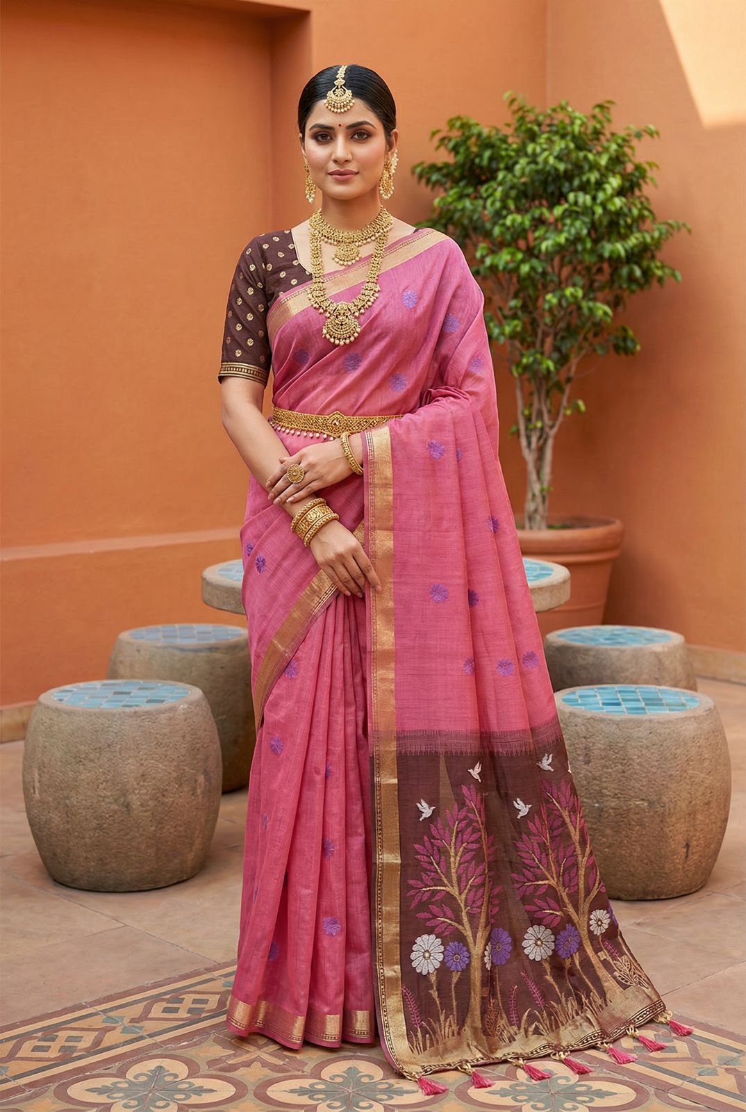 Evocative Pink Pure Munga Cotton Silk Saree With Staggering Blouse Piece