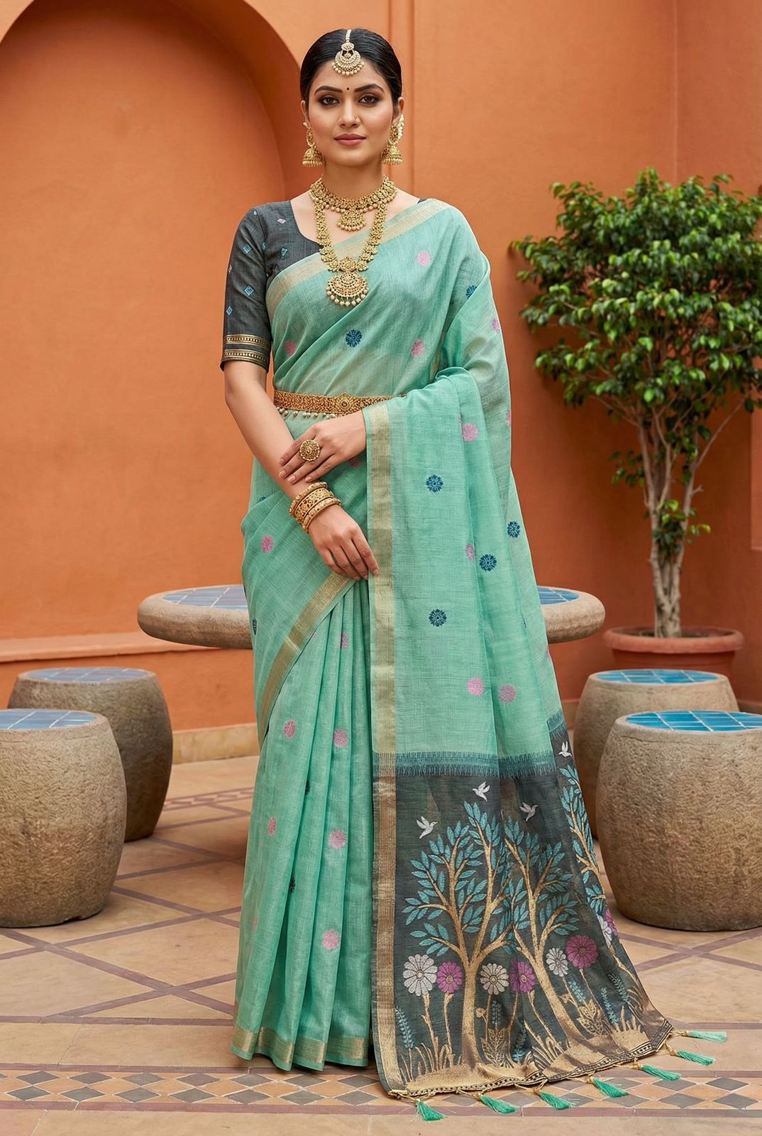 Glamorous Sea Green Pure Munga Cotton Silk Saree With Epiphany Blouse Piece