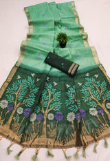 Glamorous Sea Green Pure Munga Cotton Silk Saree With Epiphany Blouse Piece