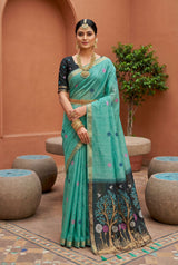 Blooming Turquoise Pure Munga Cotton Silk Saree With Comely Blouse Piece