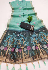 Blooming Turquoise Pure Munga Cotton Silk Saree With Comely Blouse Piece