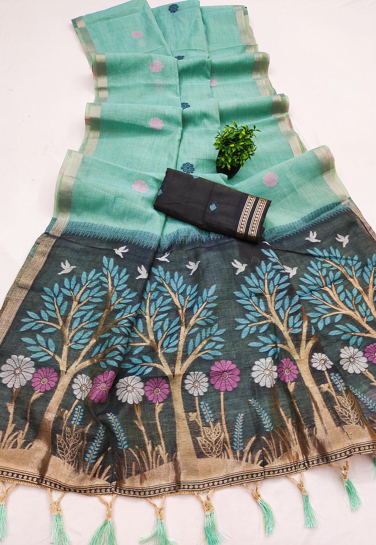 Blooming Turquoise Pure Munga Cotton Silk Saree With Comely Blouse Piece