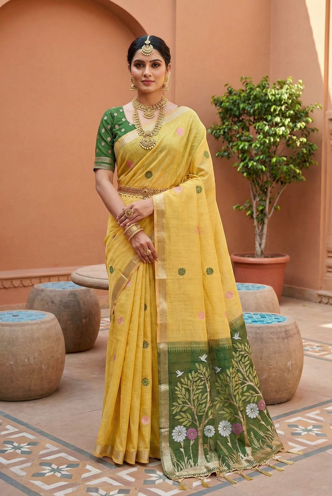 Scintillating Yellow Pure Munga Cotton Silk Saree With Luminous Blouse Piece