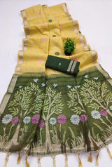 Scintillating Yellow Pure Munga Cotton Silk Saree With Luminous Blouse Piece