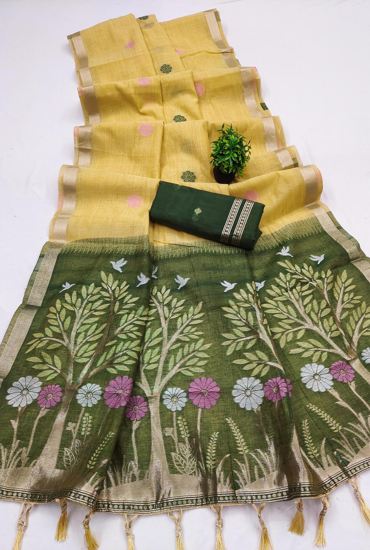 Scintillating Yellow Pure Munga Cotton Silk Saree With Luminous Blouse Piece