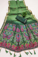 Prettiest Green Pure Munga Cotton Silk Saree With Verdant Blouse Piece