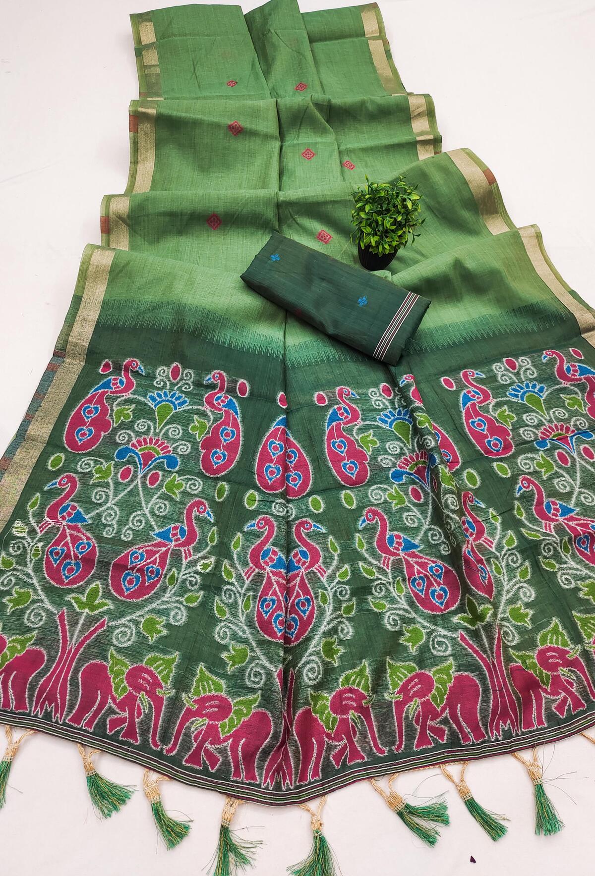 Prettiest Green Pure Munga Cotton Silk Saree With Verdant Blouse Piece