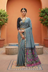 Glorious Grey Pure Munga Cotton Silk Saree With Classy Blouse Piece