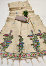 Nebula Beige Pure Munga Cotton Silk Saree With Splendorous Blouse Piece